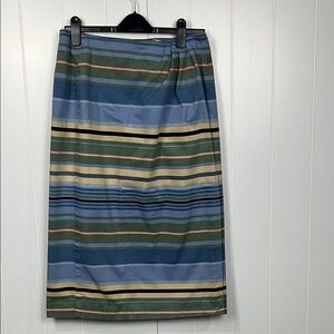 Cambridge Dry Goods Womens Wrap Skirt Blue Green Yellow 12 Waist Button Stripes